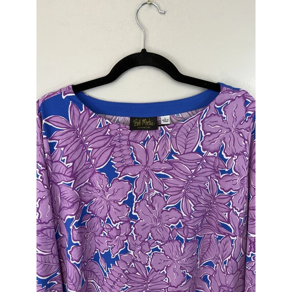 Bob Mackie‎ Wearable Art Blue Tunic W Lavender Flowers Scoopneck Size L